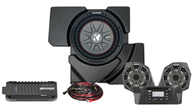 SSV Works plug and play speaker kit with three Kicker speakers for audio enhancement in a vehicle, shown in the image.