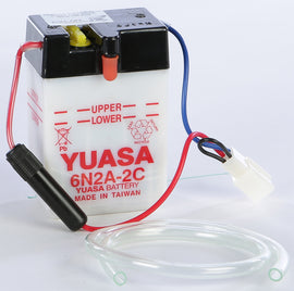 Yuasa 6N2A-2C conventional battery for motorcycles, showing the compact, durable design and brand label.