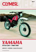 Load image into Gallery viewer, Clymer repair manual for Yamaha XT125 and XT250 motorcycles, showing detailed diagrams and instructions on a white background.
