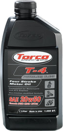 Torco T-4 20W50 motor oil in a 55-gallon drum, chemical product for engine lubrication, with label and drum visible.