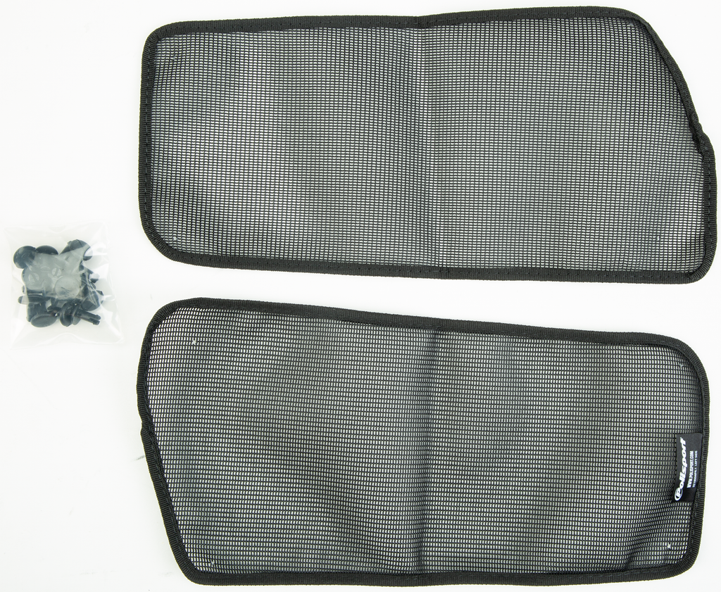 Polisport Plastics radiator louver mesh for motorcycle body, showing black plastic grille with mesh design and mounting points.