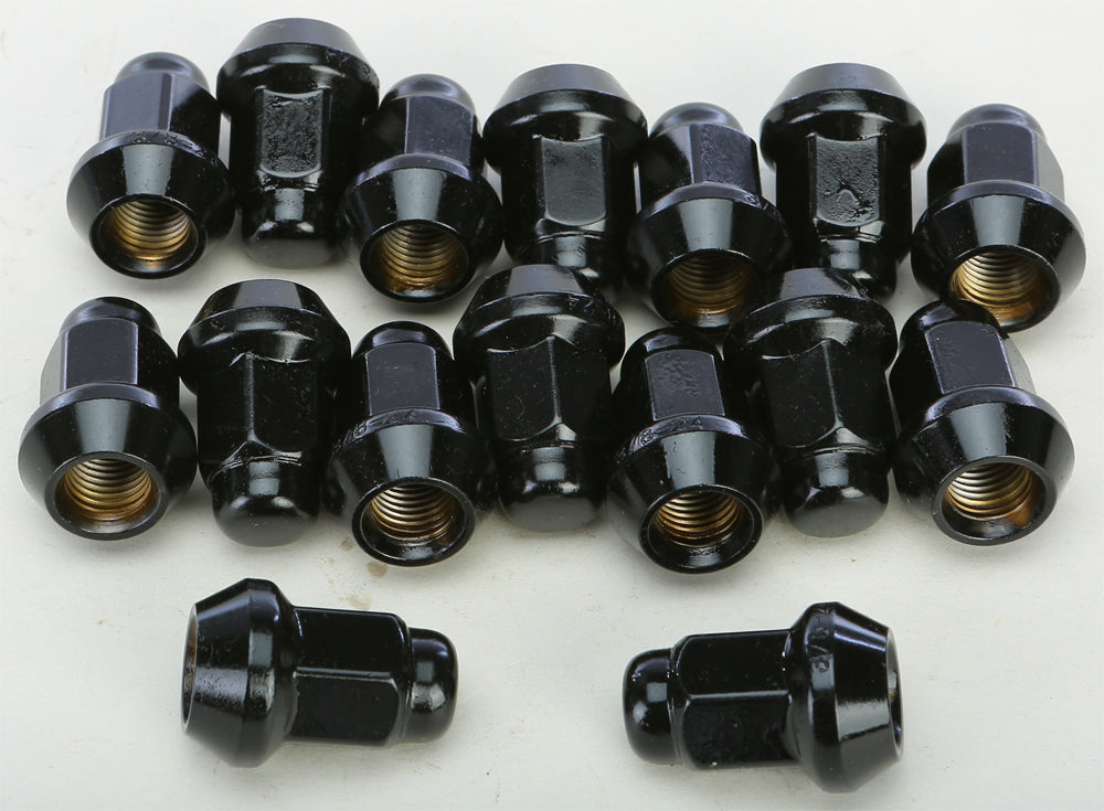 Black AWC lug nuts with 3/8"-24 tapered design, 16-pack, shown on a vehicle wheel for secure tire fitting.