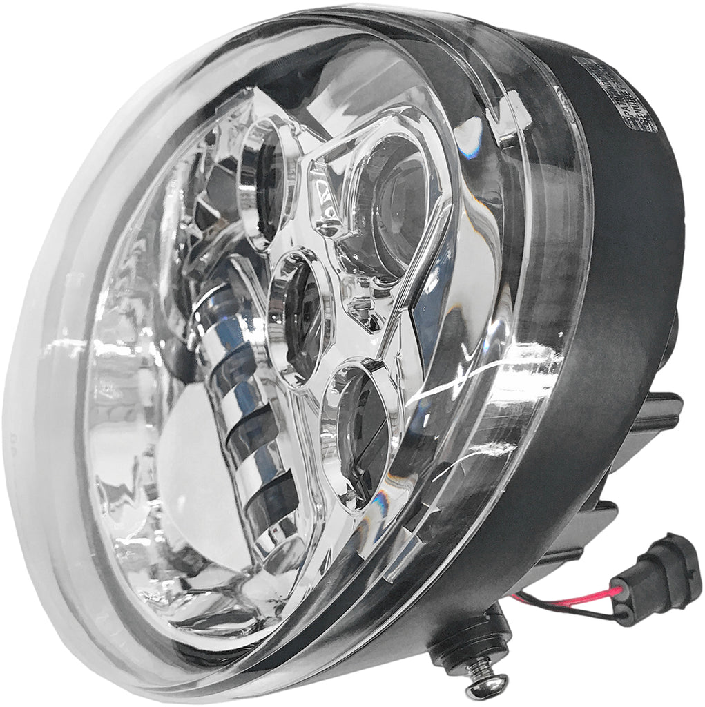 Pathfinder Vrod LED headlight in chrome finish, motorcycle illumination component with a sleek, modern design.