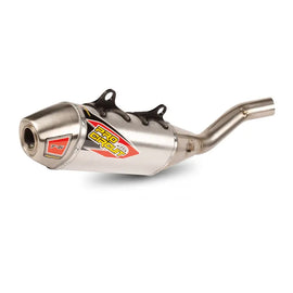 Pro Circuit T-6 Slip-On exhaust system for motorcycles, showing the sleek, polished metal muffler with branding details.