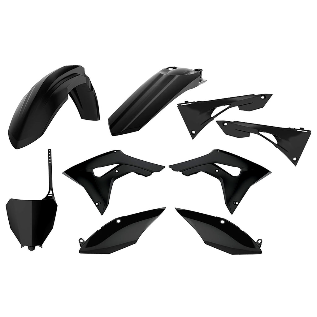 Polisport Plastics black plastic body kit for motorcycles, featuring durable, lightweight body panels and components.