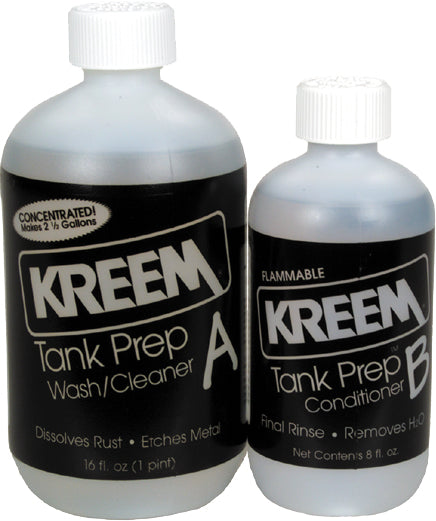 Kreem Products Kreem Tank Prep chemical container, used for cleaning and prepping fuel tanks, with a white and red label.