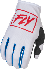 Fly Racing Lite gloves in red, white, and blue, large size, shown with detailed fabric and design for motocross riding.