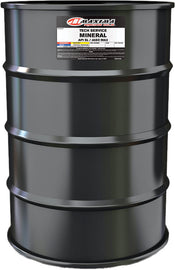 Maxima Tech Service Mineral Oil 4T 10W40 in a 55-gallon drum, ideal for motorcycle engine lubrication, branded Maxima.