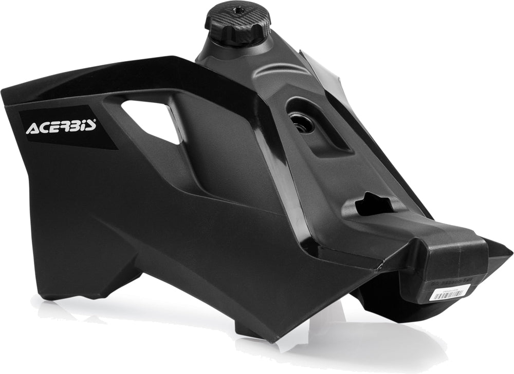 Acerbis 3.4-gallon black fuel tank for motorcycles, featuring a durable plastic construction and sleek black finish.
