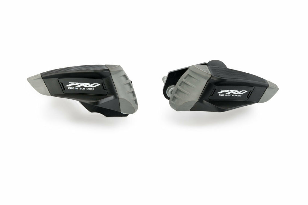 Black PUIG Frame Sliders Pro 2.0 for motorcycle, showing the sleek, durable design with mounting hardware and branding details.