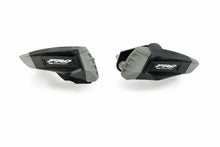 Load image into Gallery viewer, Black PUIG Frame Sliders Pro 2.0 for motorcycle, showing the sleek, durable design with mounting hardware and branding details.