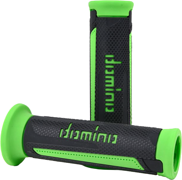 Pair of DOMINO RACING A350 Turismo grips in anthracite and green for motorcycle handlebars, showcasing textured rubber surface.