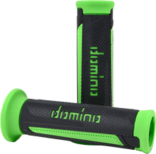 Charger l'image dans la galerie, Pair of DOMINO RACING A350 Turismo grips in anthracite and green for motorcycle handlebars, showcasing textured rubber surface.