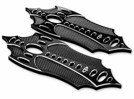 Passenger bad axe black billet floorboards for motorcycle foot controls by Precision Billet, featuring a sleek black finish.