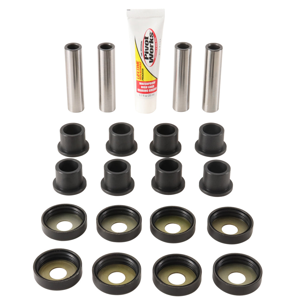 Pivot Works suspension A-arm bearing kit for motorcycle, showing close-up of bearing components and packaging.
