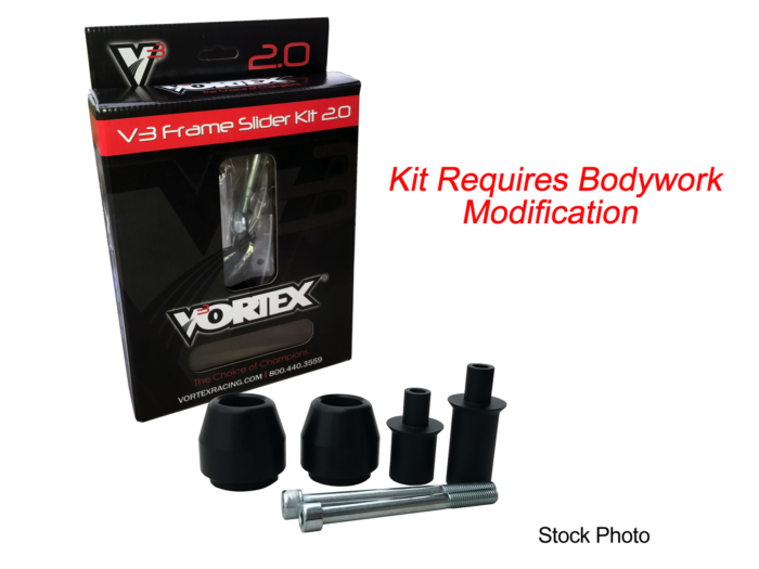 VORTEX Frame Sliders V3 2.0 in black and yellow on motorcycle body for protection and style.
