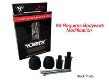 Load image into Gallery viewer, VORTEX Frame Sliders V3 2.0 in black and yellow on motorcycle body for protection and style.