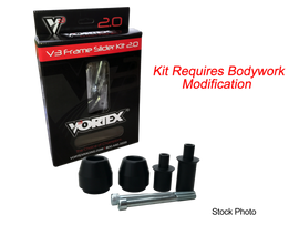 VORTEX Frame Sliders V3 2.0 in black and yellow on motorcycle body for protection and style.