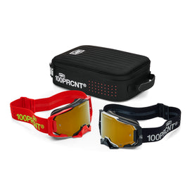 100-PERCENT Dual Armega Racer Pro Pack black and red sports eyewear with true gold mirror lenses, designed for high-performance riding.