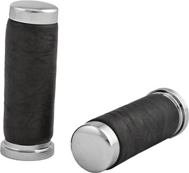 HardDrive leather chrome motorcycle grips without throttle sleeve, featuring textured surface and polished finish.