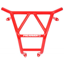 Pro Armor rear sport bumper in red mounted on a RZR RS1 off-road vehicle, designed for enhanced protection and rugged style.
