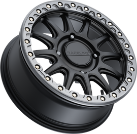 Raceline Alpha BDLK 17x7 black and gunmetal alloy wheel for Polaris RZR with 4/156 bolt pattern and +40mm offset.