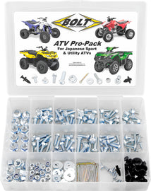 BOLT ATV Pro Pack Kit with hardware, fasteners, and fittings for ATV assembly and repair, arranged on a white background.