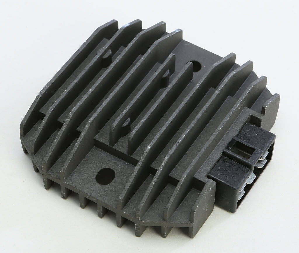 Ricks Motorsport Electric regulator and rectifier for motorcycle electrical systems, showing the metal and plastic components.