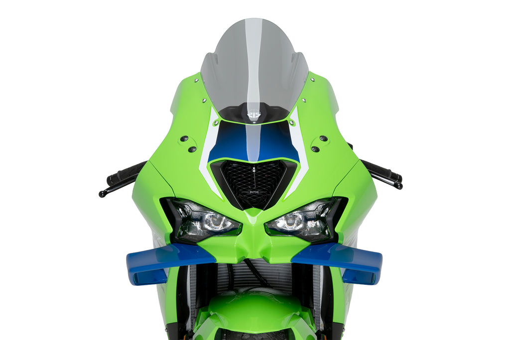PUIG Z-Racing Smoke motorcycle windshield with tinted finish, designed for Kaw Z series bikes, providing wind protection.