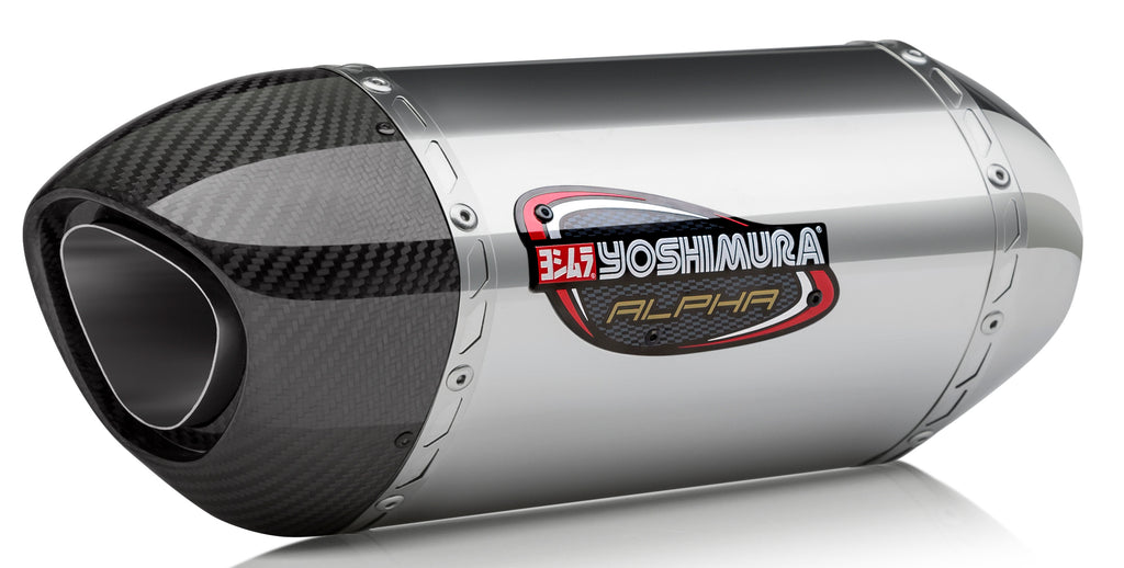 Yoshimura Signature Alpha slip-on exhaust system for motorcycles, featuring stainless steel and carbon fiber components.