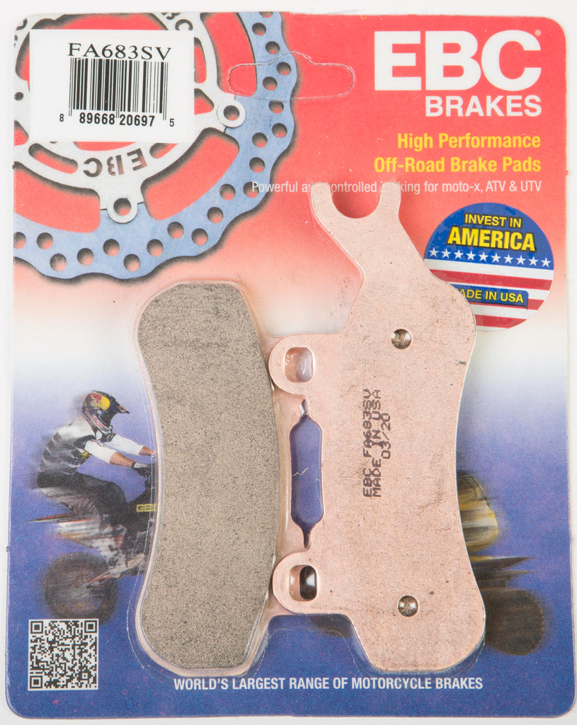 EBC Motorcycle Brakes FA683SV Severe Duty SV Series brake pads with metal backing and friction material for motorcycle braking.