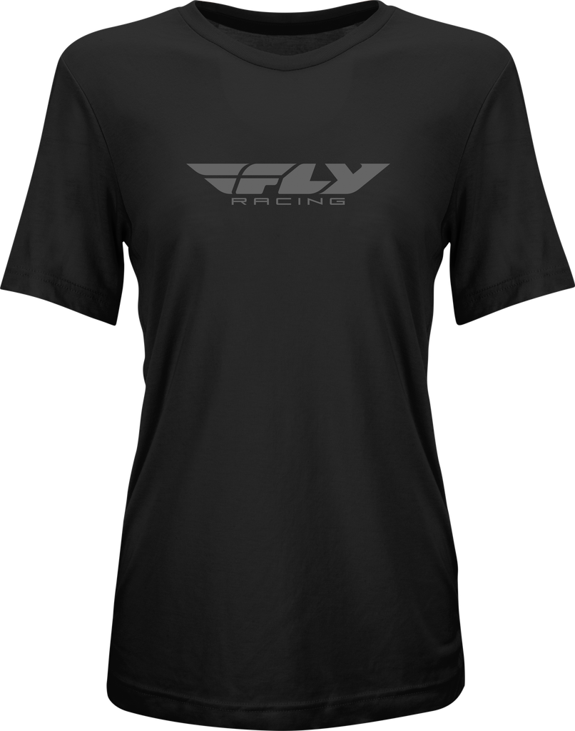 Fly Racing women's Fly Origin Corp Tee in black and grey, casual T-shirt with logo graphic, comfortable and stylish for everyday wear.