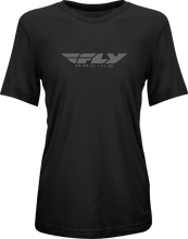 Load image into Gallery viewer, Fly Racing women's Fly Origin Corp Tee in black and grey, casual T-shirt with logo graphic, comfortable and stylish for everyday wear.