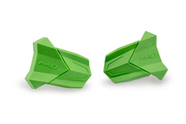Pair of green PUIG rubber end replacement frame sliders for R19 motorcycle, shown attached to bike frame in close-up image.