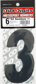 Black Dirt Digits #3 6-inch Super X decals, three-pack, for vehicle graphics and customization.