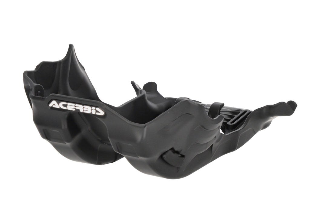 Acerbis skid plate in black for Yamaha motorcycles, made of durable material, shown mounted on the bike's underside.