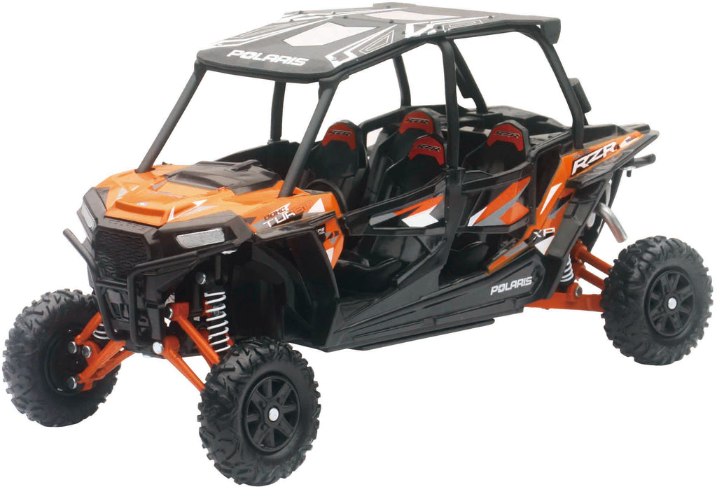 Orange Polaris Rzr 4 Turbo Xp replica UTV accessory by New Ray Toys, detailed 1:18 scale model for collectors.