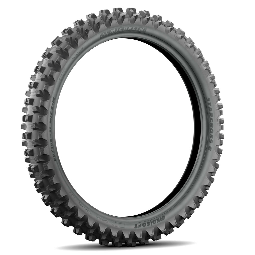 Michelin Starcross 6 Med Soft front motorcycle tire, 80/100-21 size, bias ply, off-road tread pattern for motocross riding.