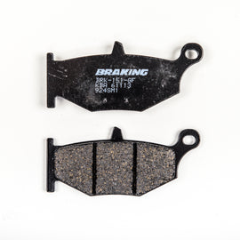 Semi-metallic Braking Brake Pad Set by Braking, showing two brake pads with metal backing and friction material for vehicle braking.