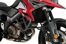 Load image into Gallery viewer, Black PUIG engine guards for Suzuki motorcycle, shown mounted on engine area with protective braces and mounting hardware.