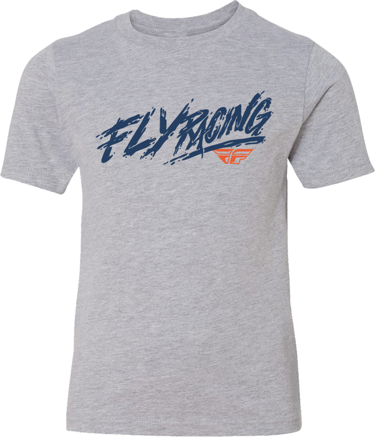 Fly Racing youth Fly Khaos grey T-shirt for boys, featuring the brand logo and casual fit, shown on a plain background.