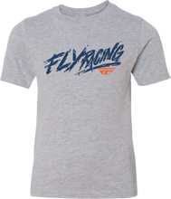 Load image into Gallery viewer, Fly Racing youth Fly Khaos grey T-shirt for boys, featuring the brand logo and casual fit, shown on a plain background.
