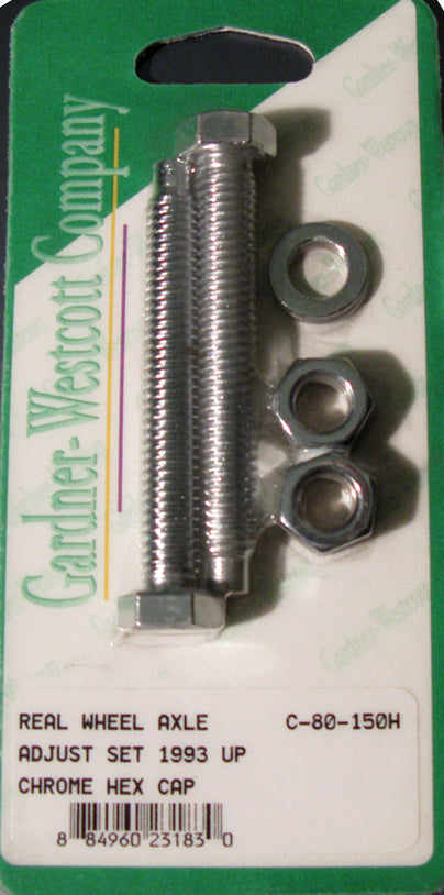 Gardner-Westcott rear wheel adjustment bolts for 93-07 Softail models, showing metal hardware fitting onto motorcycle wheel.