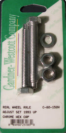 Gardner-Westcott rear wheel adjustment bolts for 93-07 Softail models, showing metal hardware fitting onto motorcycle wheel.