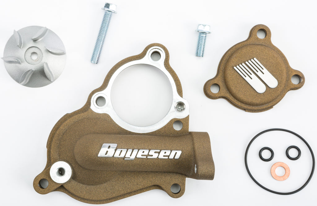 Boyesen magnesium waterpump cover and impeller kit for street motorcycles, featuring durable construction and precise fit.