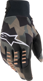 Alpine Star Smx-E Gloves in black, camo, and sand colors, large size, showing the rugged design and textured material.