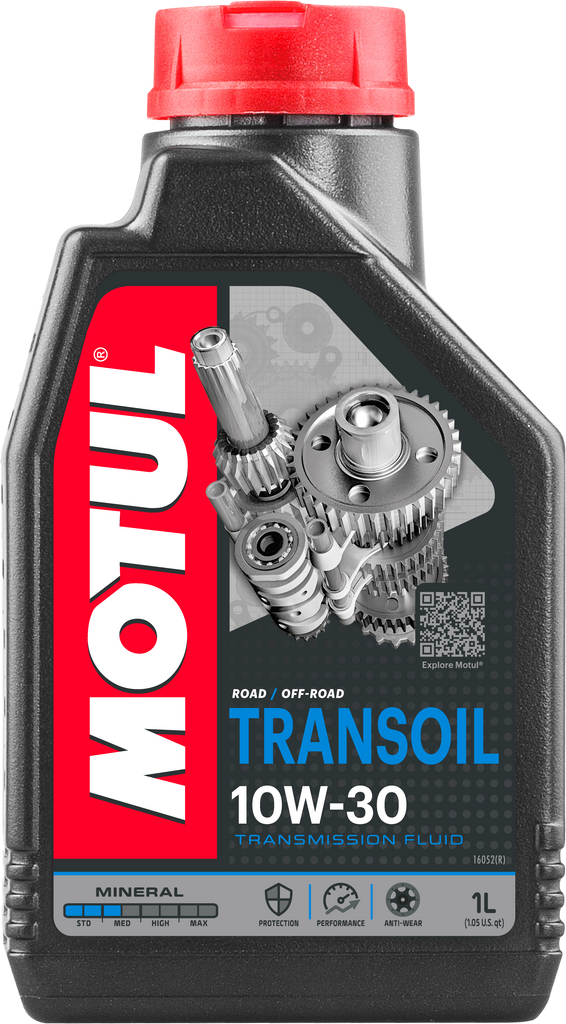 Bottle of Motul Trans Oil 10W30 automotive transmission fluid, labeled with product code 82-2106, in a clear container.