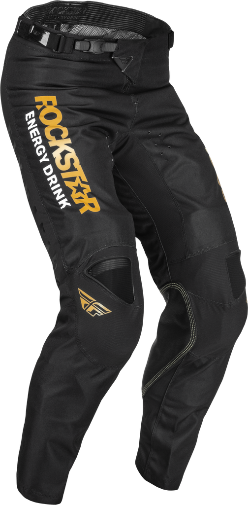Fly Racing Kinetic Rockstar black and gold motocross pants, size 30, with reinforced knee panels and durable fabric.