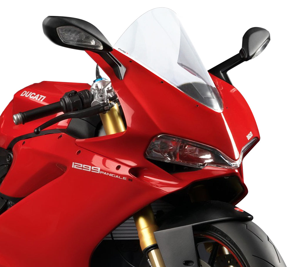 Clear PUIG racing windshield, lightweight motorcycle windscreen with aerodynamic design for sporty riding, shown installed on a bike.
