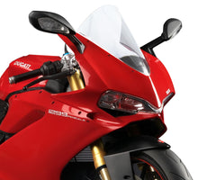 Load image into Gallery viewer, Clear PUIG racing windshield, lightweight motorcycle windscreen with aerodynamic design for sporty riding, shown installed on a bike.